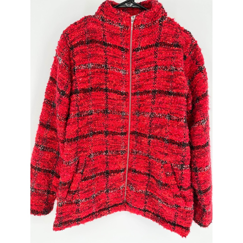 CHICOS DESIGN 1 Full Zip Jacket Med 8 Red Plaid Boucle Wool Blend Pockets Cozy